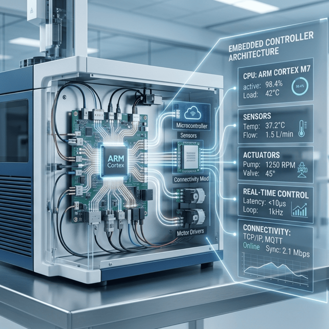 Embedded controller architecture for lab instruments showing MCU, sensors, and connectivity layers