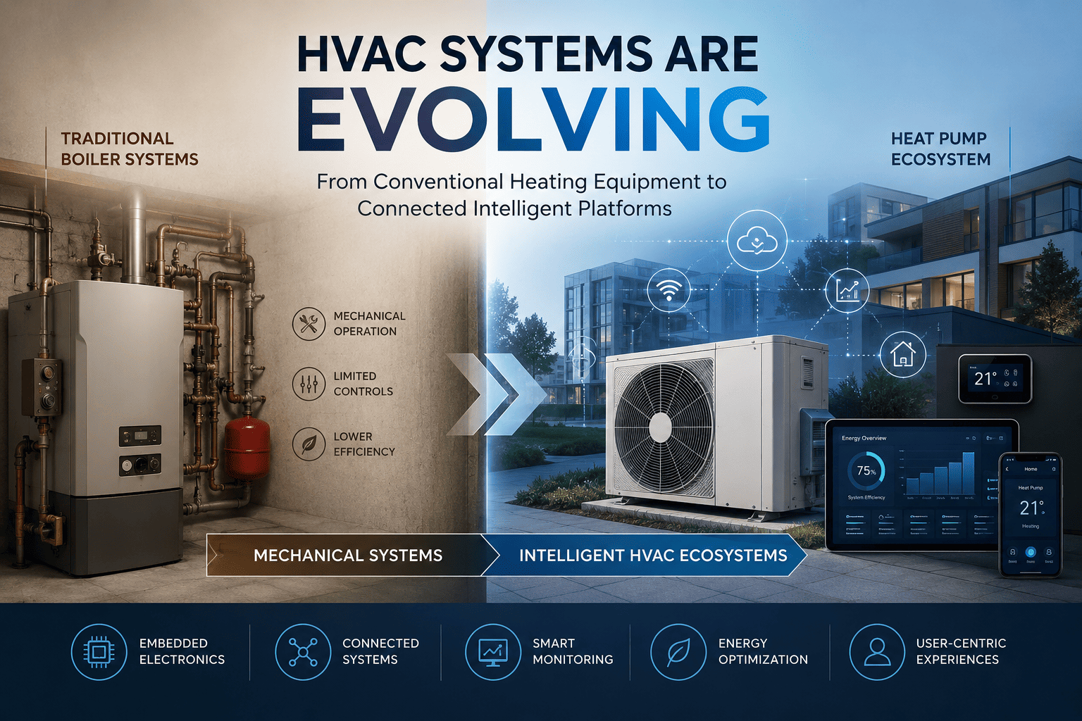 Infographic showing HVAC systems evolving from traditional mechanical boilers to connected, intelligent heat pump ecosystems