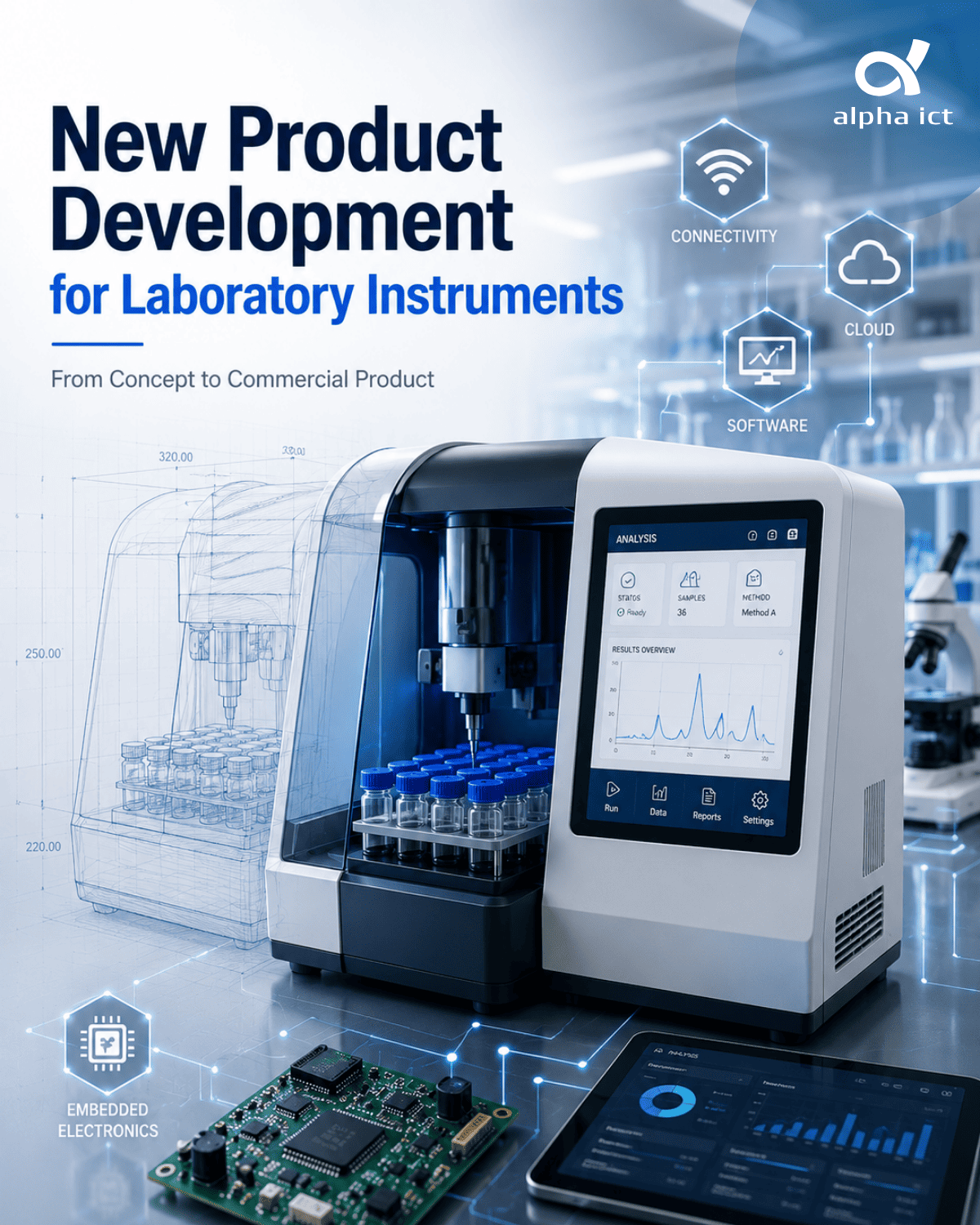 New product development for laboratory instruments — embedded electronics, firmware, and connectivity engineering by Alpha ICT